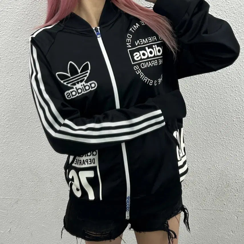 [BUNJANG] Adidas Multi Printing Logo Black Track Top (Size 95) / 아디다스 멀티 프린팅로고 화이트라인 블랙 트랙탑 95