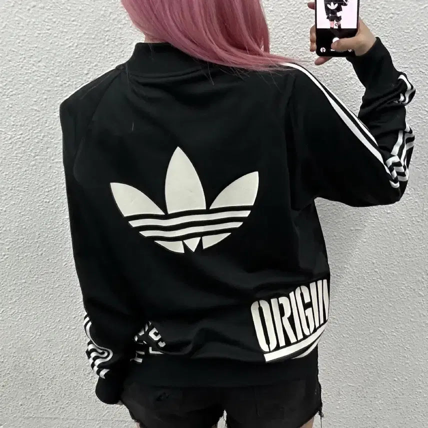 [BUNJANG] Adidas Multi Printing Logo Black Track Top (Size 95) / 아디다스 멀티 프린팅로고 화이트라인 블랙 트랙탑 95