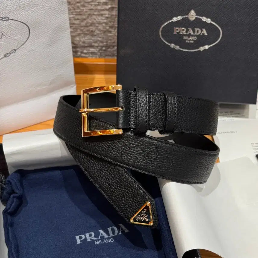 [BUNJANG] Prada Gold Buckle Belt / 프라다 벨트 풀박스 금장 블랙 소가죽