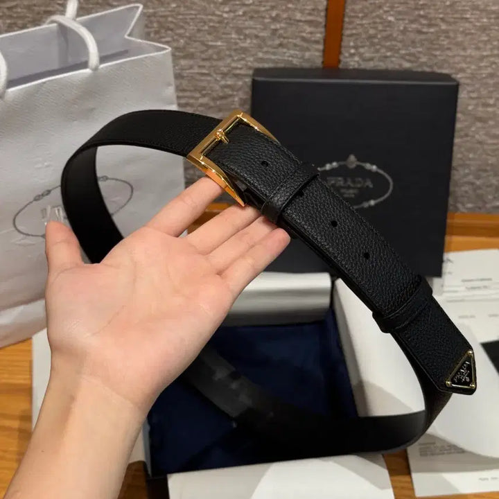 [BUNJANG] Prada Gold Buckle Belt / 프라다 벨트 풀박스 금장 블랙 소가죽