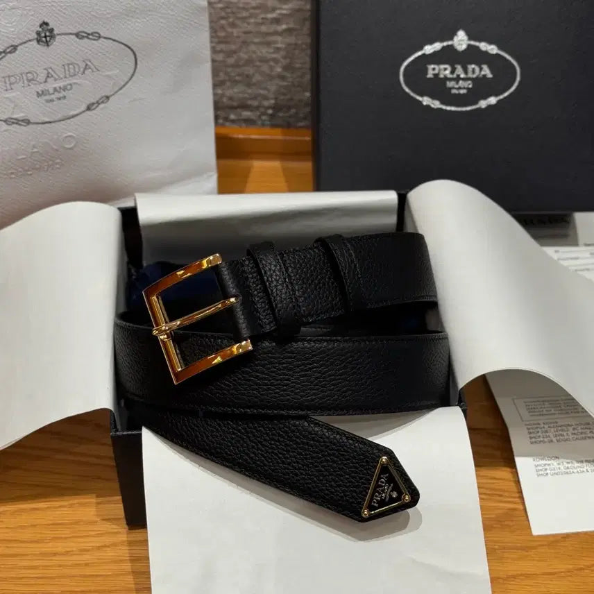 [BUNJANG] Prada Gold Buckle Belt / 프라다 벨트 풀박스 금장 블랙 소가죽