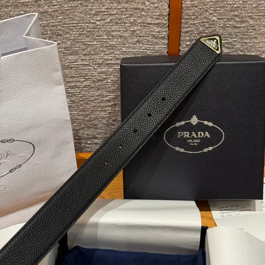 [BUNJANG] Prada Gold Buckle Belt / 프라다 벨트 풀박스 금장 블랙 소가죽