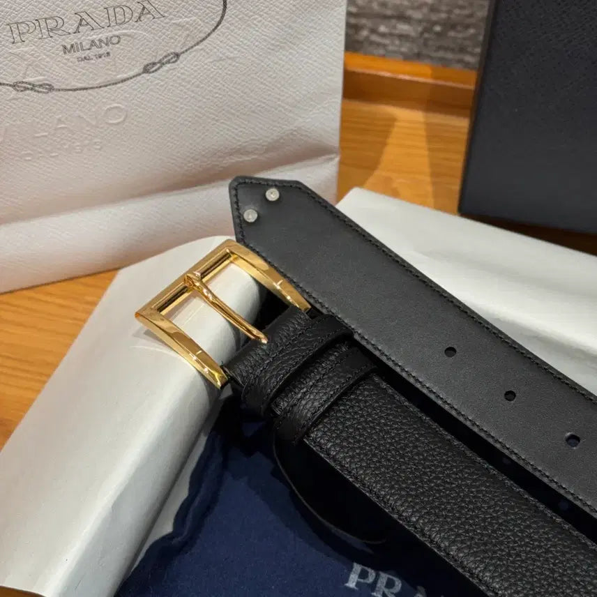 [BUNJANG] Prada Gold Buckle Belt / 프라다 벨트 풀박스 금장 블랙 소가죽