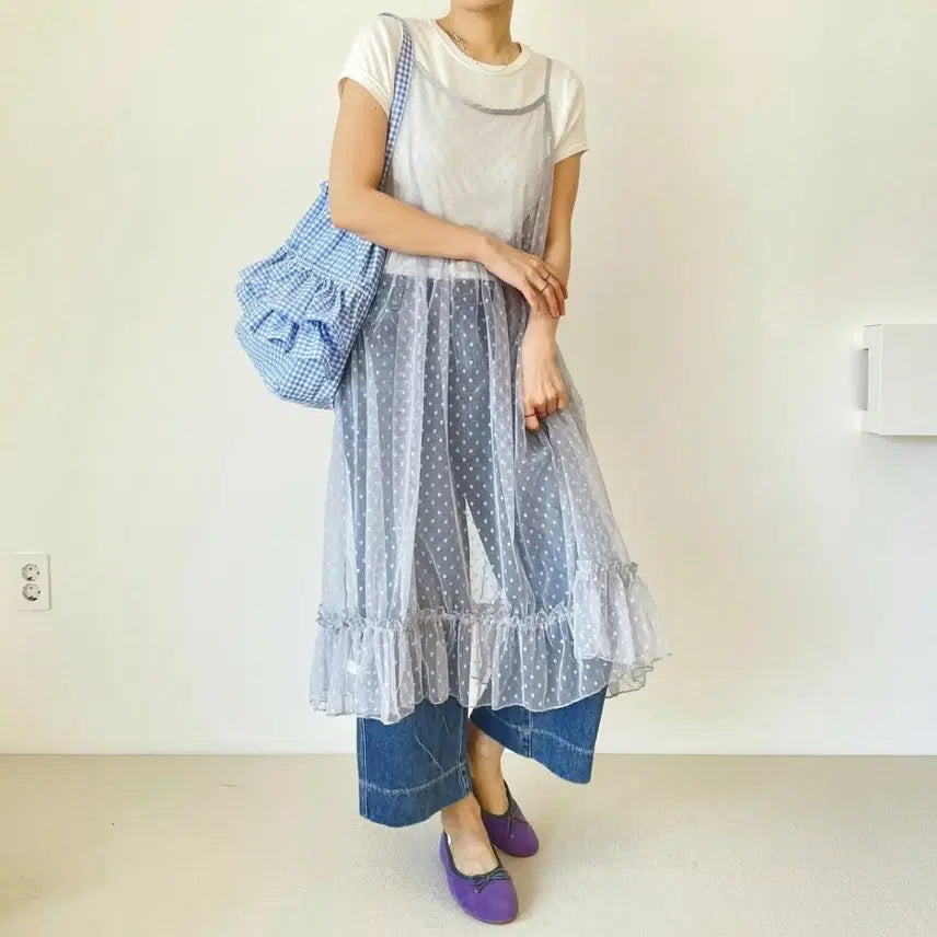 [BUNJANG] Lace Dot Long Dress / 레이스 도트 롱 원피스 프릴 장식