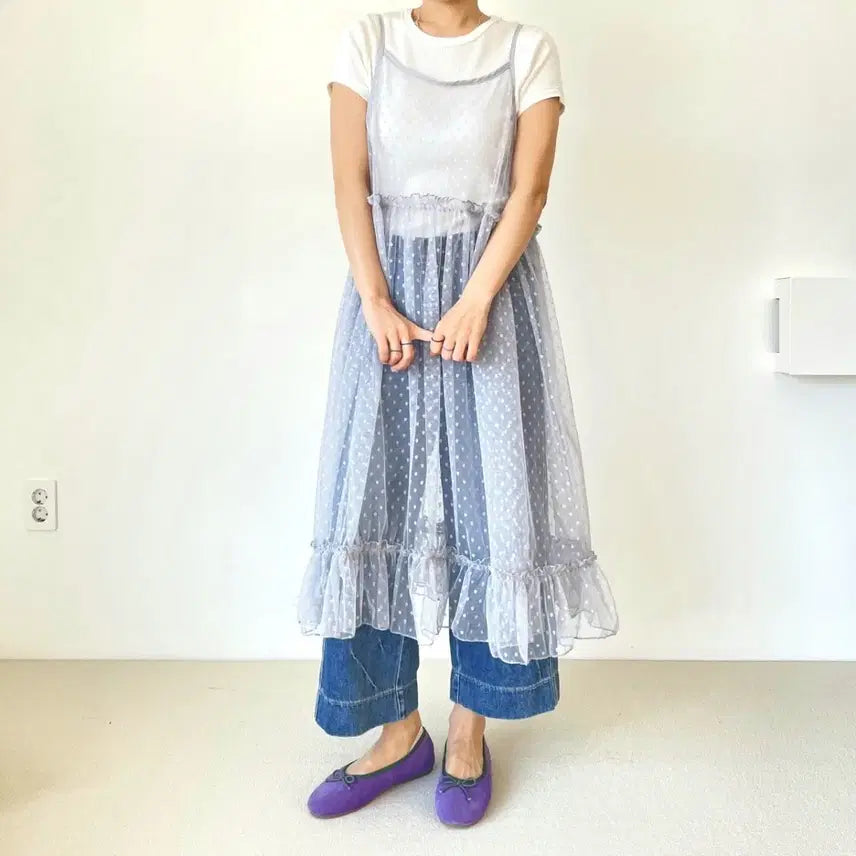 [BUNJANG] Lace Dot Long Dress / 레이스 도트 롱 원피스 프릴 장식