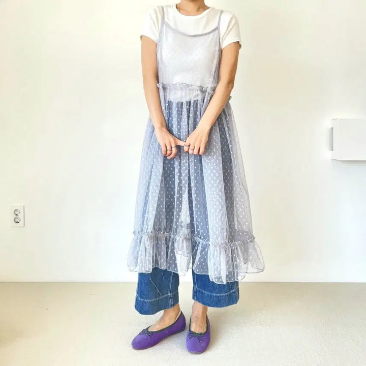 [BUNJANG] Lace Dot Long Dress / 레이스 도트 롱 원피스 프릴 장식
