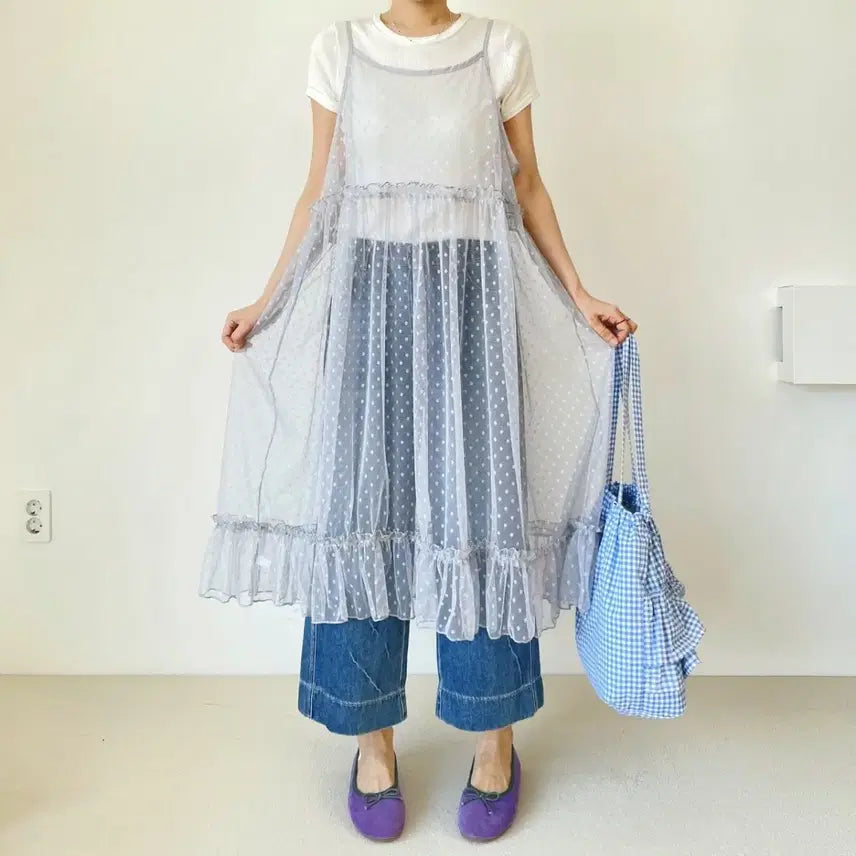 [BUNJANG] Lace Dot Long Dress / 레이스 도트 롱 원피스 프릴 장식
