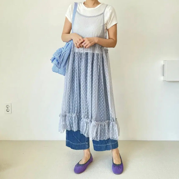 [BUNJANG] Lace Dot Long Dress / 레이스 도트 롱 원피스 프릴 장식