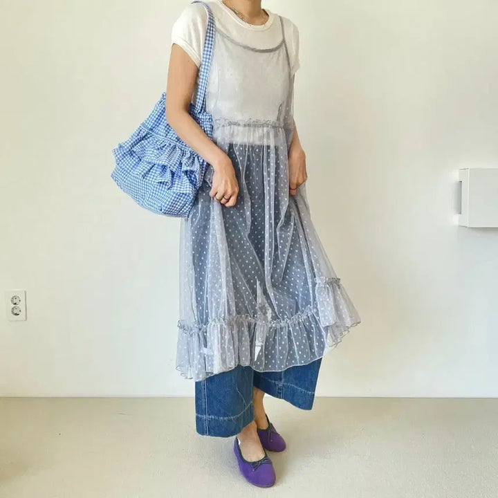 [BUNJANG] Lace Dot Long Dress / 레이스 도트 롱 원피스 프릴 장식