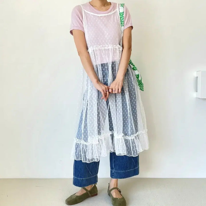 [BUNJANG] Lace Dot Long Dress / 레이스 도트 롱 원피스 프릴 장식