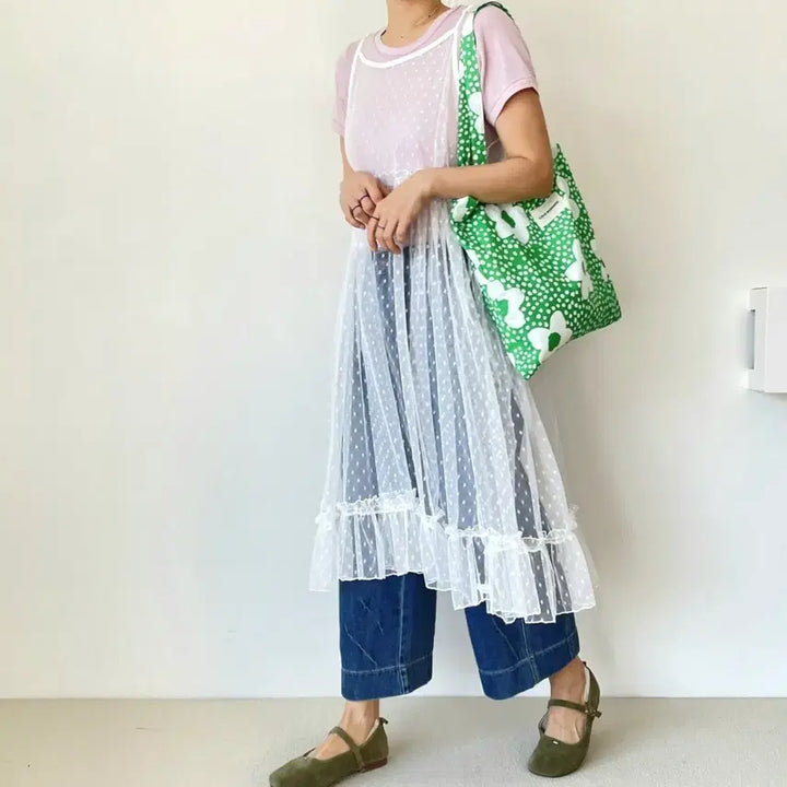 [BUNJANG] Lace Dot Long Dress / 레이스 도트 롱 원피스 프릴 장식