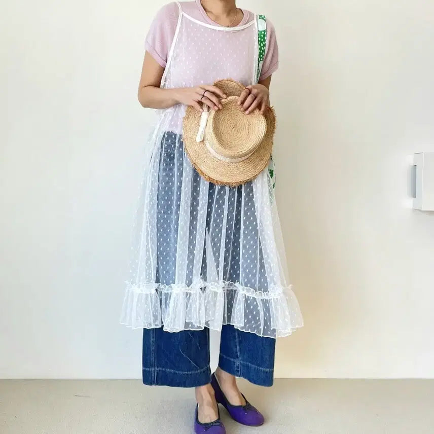[BUNJANG] Lace Dot Long Dress / 레이스 도트 롱 원피스 프릴 장식