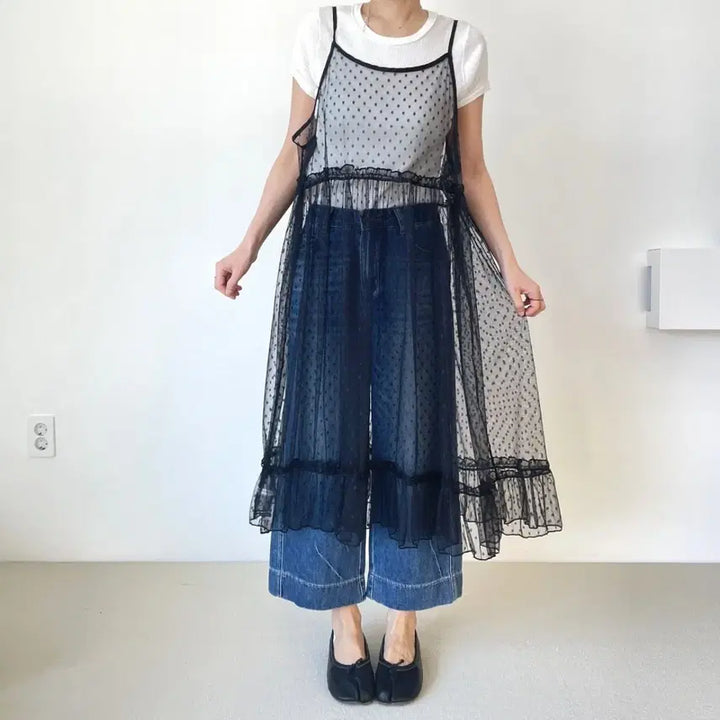 [BUNJANG] Lace Dot Long Dress / 레이스 도트 롱 원피스 프릴 장식