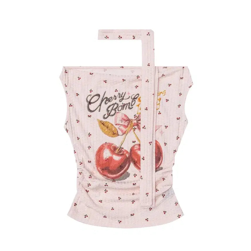 [BUNJANG] Languedoc Park Cherry Print Off-Shoulder T-Shirt / 랭귀드 파크 체리 프린트 스트릿 슬림핏 오프숄더 티셔츠