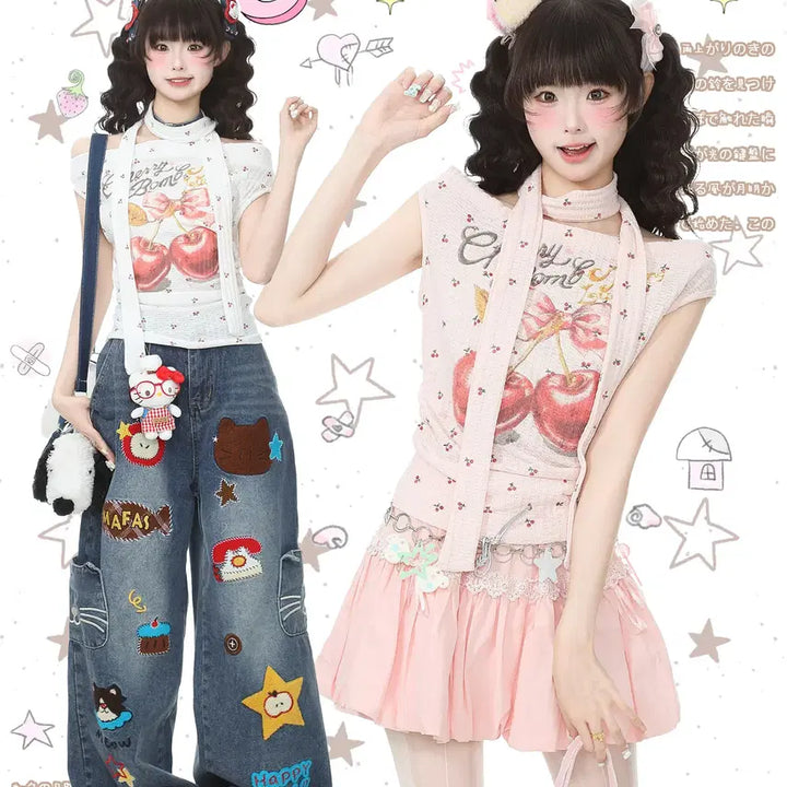[BUNJANG] Languedoc Park Cherry Print Off-Shoulder T-Shirt / 랭귀드 파크 체리 프린트 스트릿 슬림핏 오프숄더 티셔츠