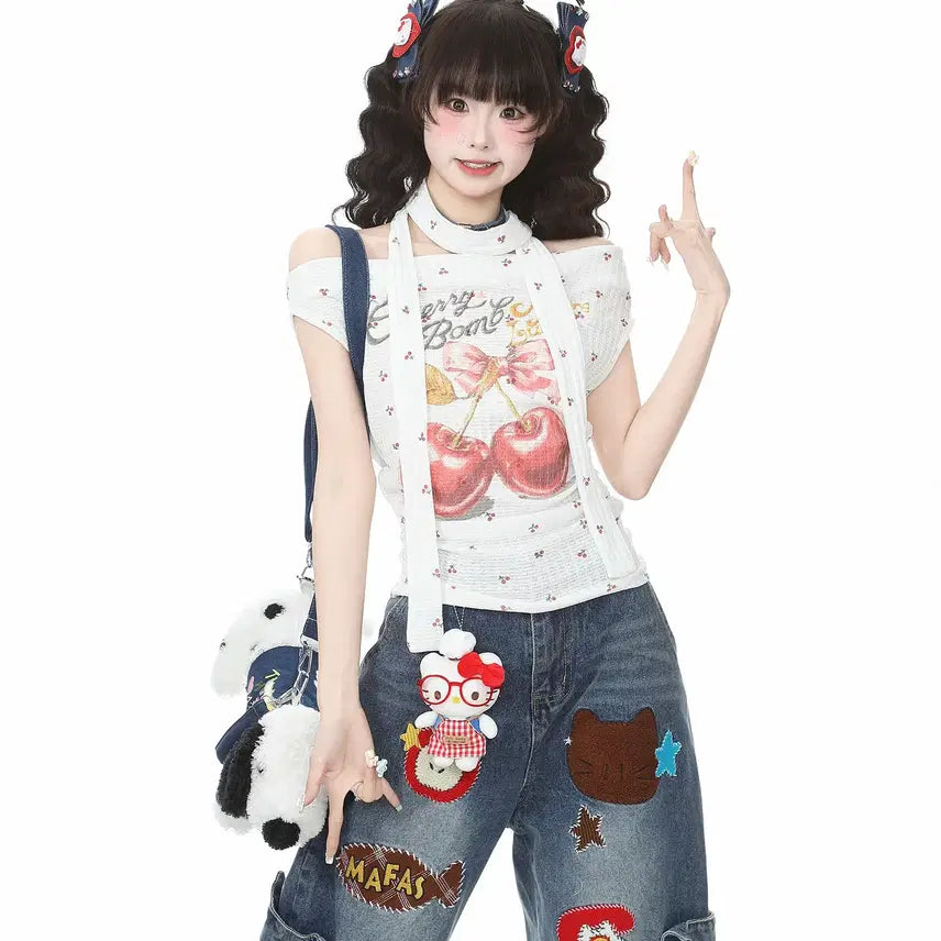 [BUNJANG] Languedoc Park Cherry Print Off-Shoulder T-Shirt / 랭귀드 파크 체리 프린트 스트릿 슬림핏 오프숄더 티셔츠