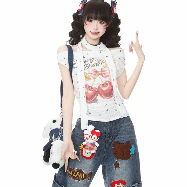[BUNJANG] Languedoc Park Cherry Print Off-Shoulder T-Shirt / 랭귀드 파크 체리 프린트 스트릿 슬림핏 오프숄더 티셔츠