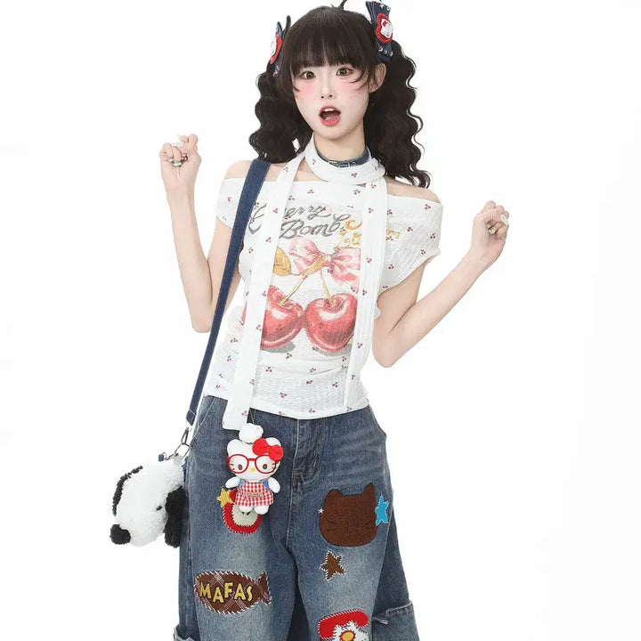 [BUNJANG] Languedoc Park Cherry Print Off-Shoulder T-Shirt / 랭귀드 파크 체리 프린트 스트릿 슬림핏 오프숄더 티셔츠