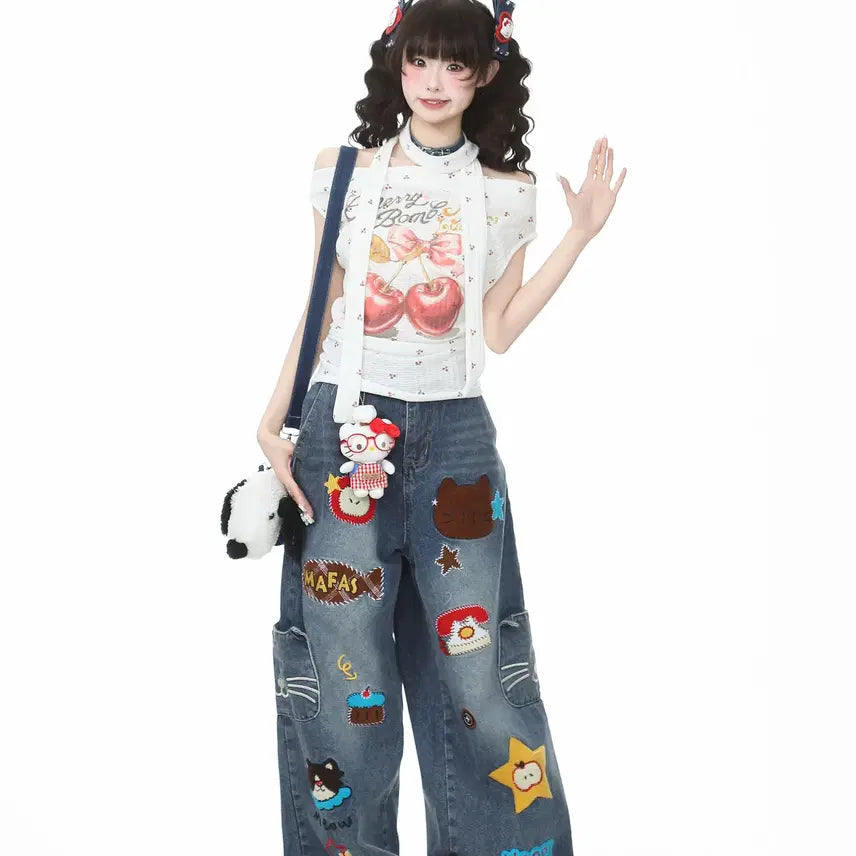 [BUNJANG] Languedoc Park Cherry Print Off-Shoulder T-Shirt / 랭귀드 파크 체리 프린트 스트릿 슬림핏 오프숄더 티셔츠