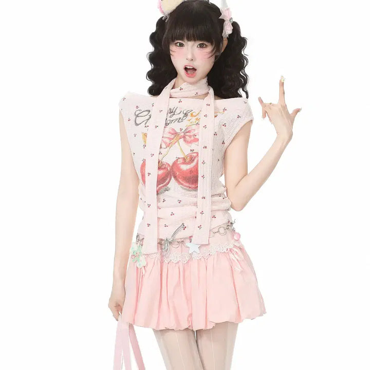[BUNJANG] Languedoc Park Cherry Print Off-Shoulder T-Shirt / 랭귀드 파크 체리 프린트 스트릿 슬림핏 오프숄더 티셔츠