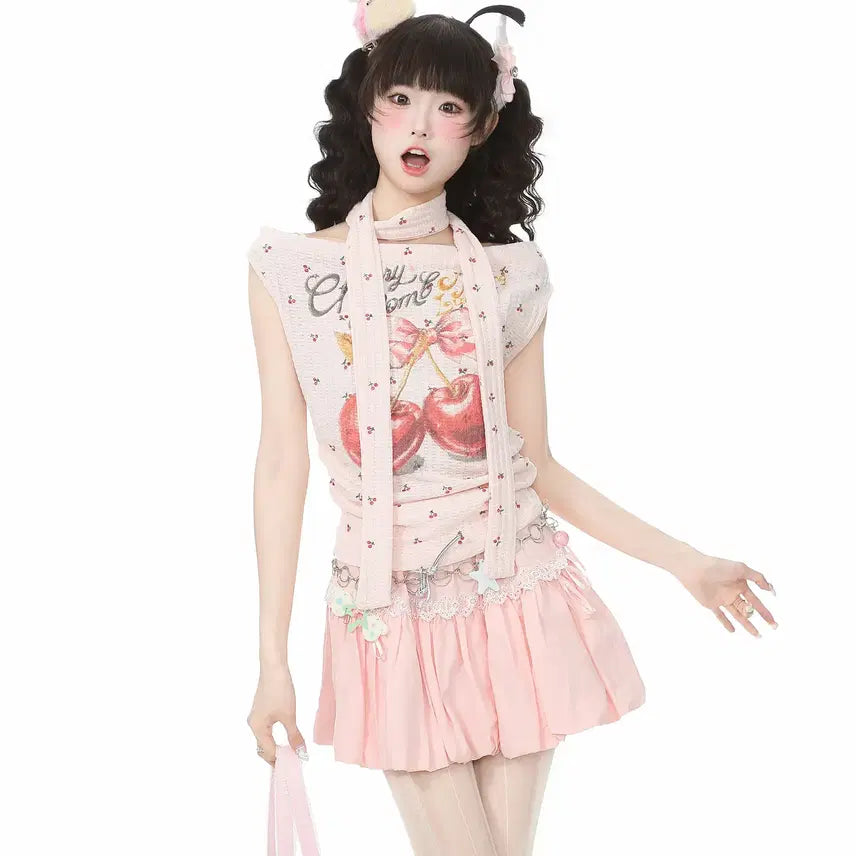 [BUNJANG] Languedoc Park Cherry Print Off-Shoulder T-Shirt / 랭귀드 파크 체리 프린트 스트릿 슬림핏 오프숄더 티셔츠