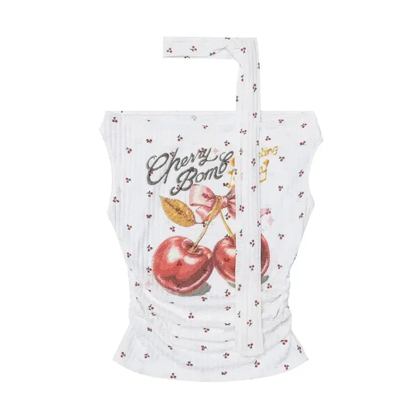 [BUNJANG] Languedoc Park Cherry Print Off-Shoulder T-Shirt / 랭귀드 파크 체리 프린트 스트릿 슬림핏 오프숄더 티셔츠