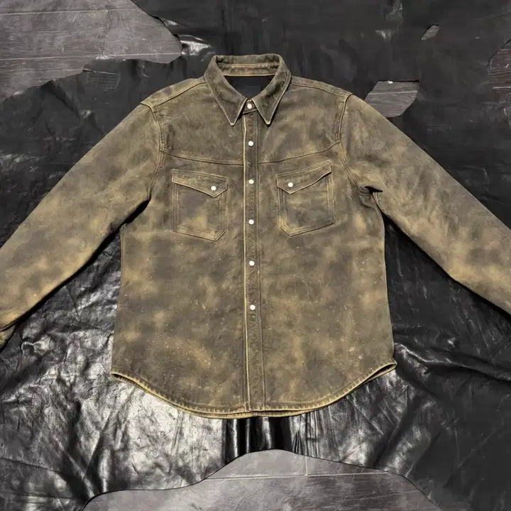 [BUNJANG] Lambskin Washed Leather Shirt Jacket / 램스킨 워싱 레더 셔츠 자켓
