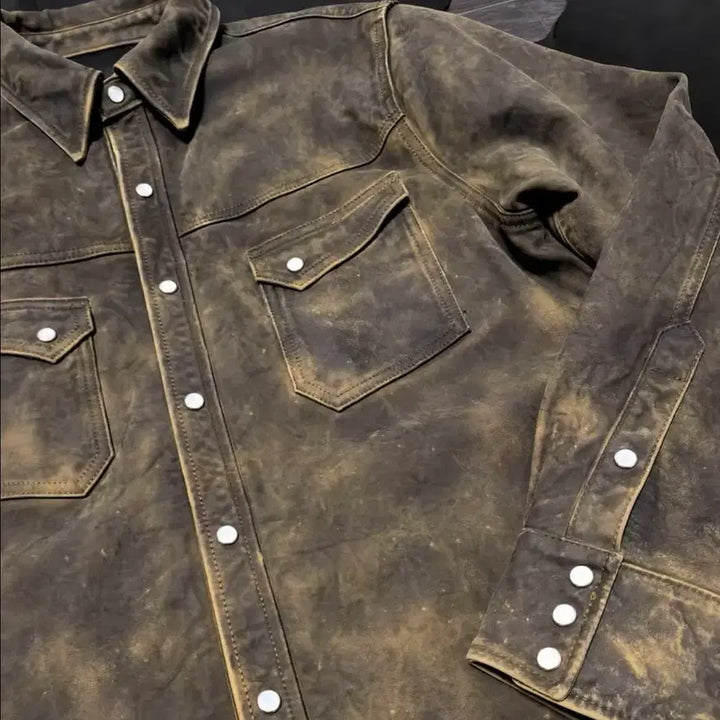 [BUNJANG] Lambskin Washed Leather Shirt Jacket / 램스킨 워싱 레더 셔츠 자켓