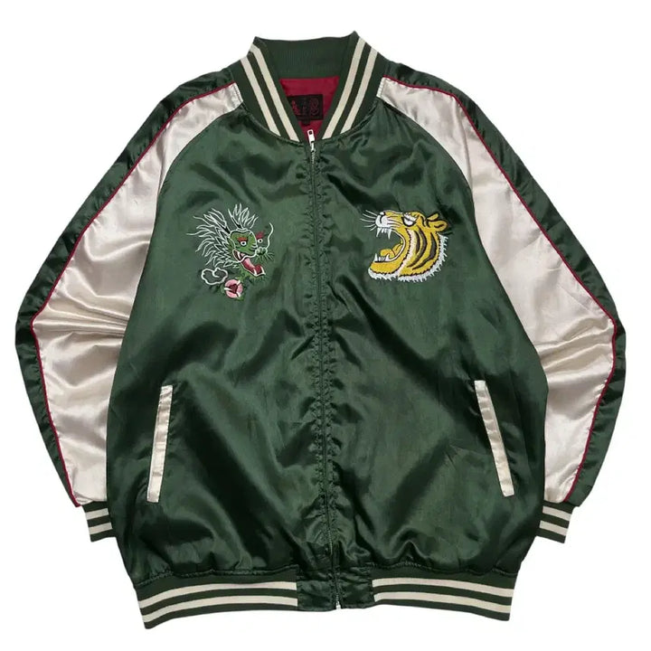 [BUNJANG] Japan Tiger Embroidery Khaki Souvenir Jacket 4L / 재팬 타이거 자수 카키 스카쟌 4L