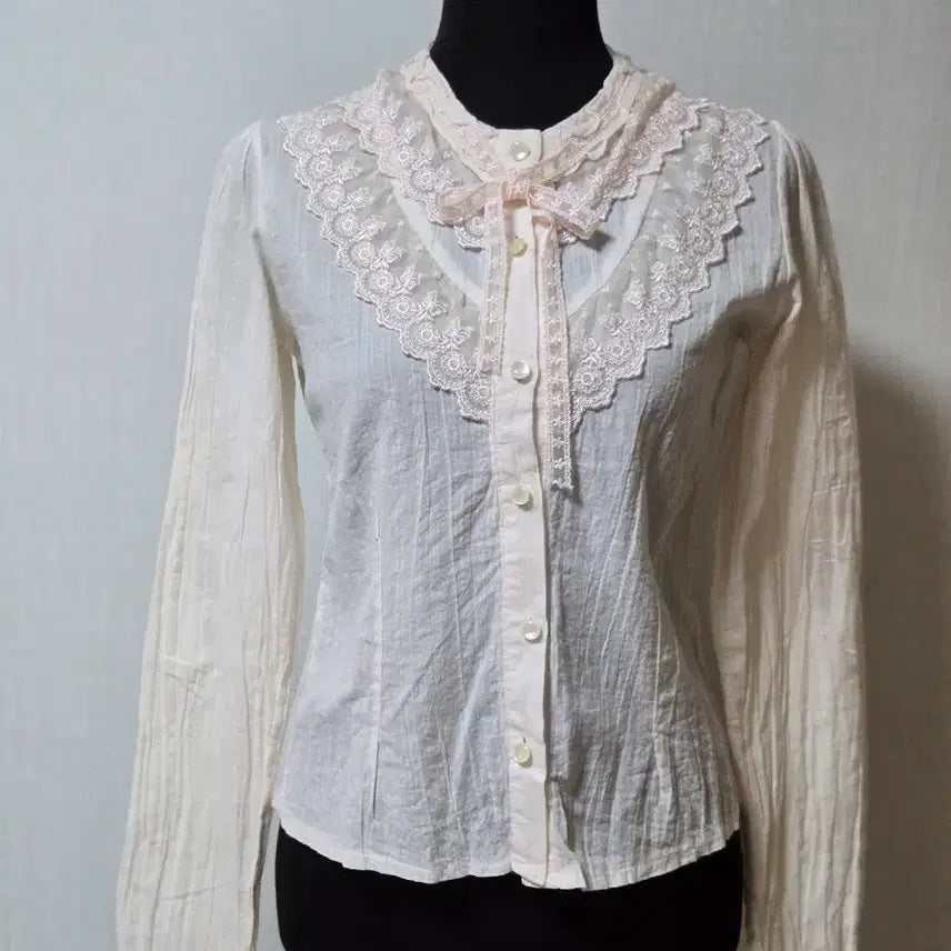 [BUNJANG] Lace Ribbon Blouse - Light Pink / 레이스 리본 블라우스 연핑크 뒤끈 허리조절