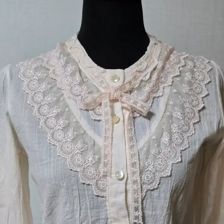 [BUNJANG] Lace Ribbon Blouse - Light Pink / 레이스 리본 블라우스 연핑크 뒤끈 허리조절