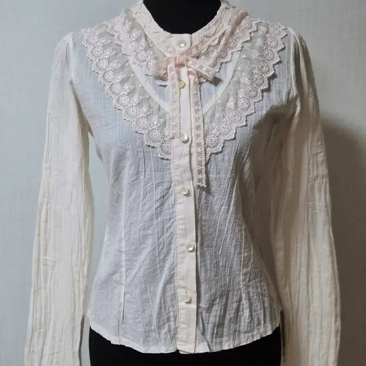 [BUNJANG] Lace Ribbon Blouse - Light Pink / 레이스 리본 블라우스 연핑크 뒤끈 허리조절