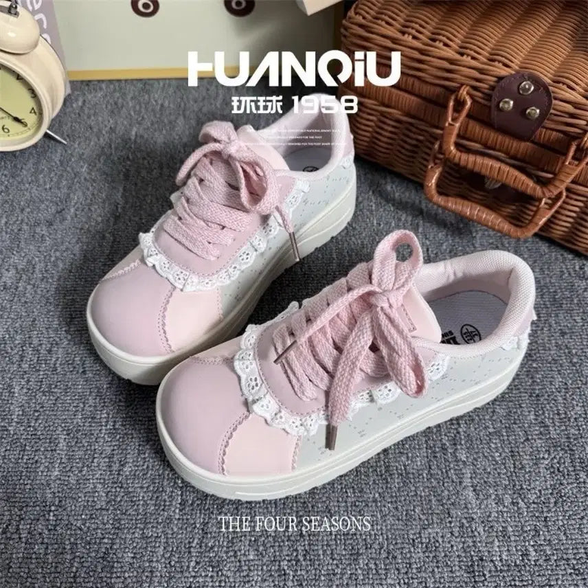 [BUNJANG] Pink Lace Frill Platform Sneakers / 지뢰계 레이스 프릴 핑크 스니커즈 플랫폼 운동화(2컬러)