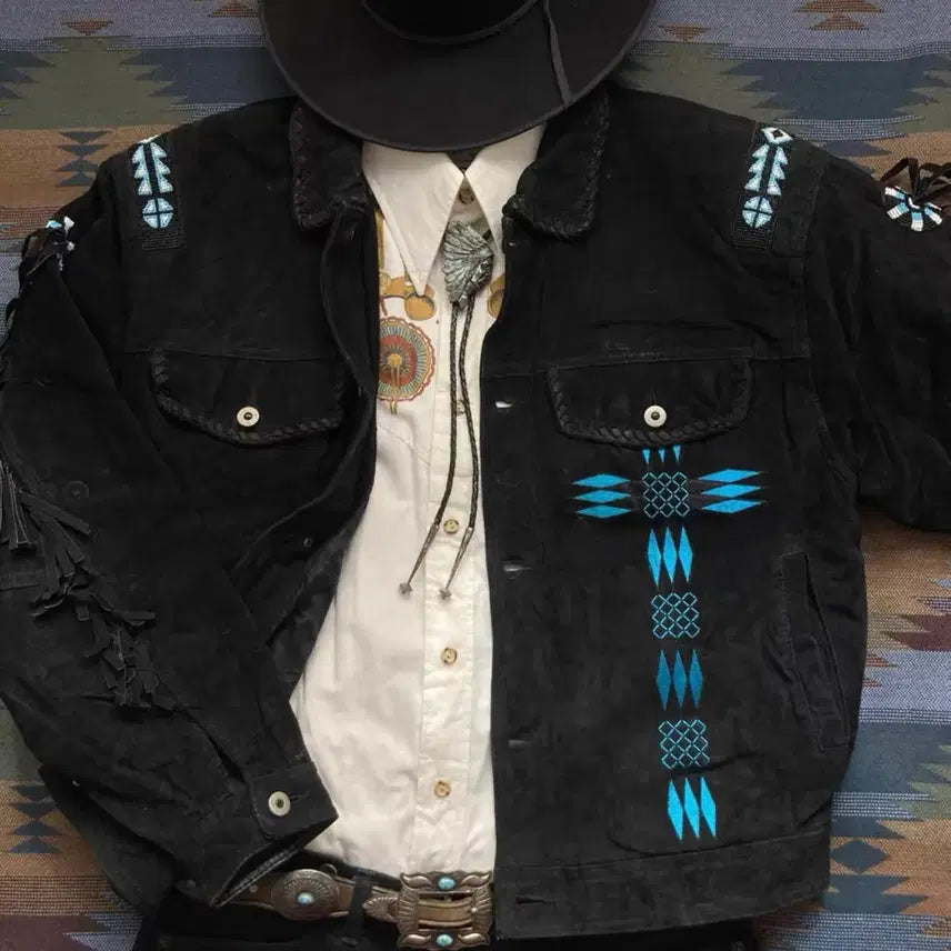 [BUNJANG] Vintage Indian Tassel &amp; Embroidery Black Suede Jacket / 빈티지 인디언 태슬 &amp; 자수 블랙 스웨이드 자켓