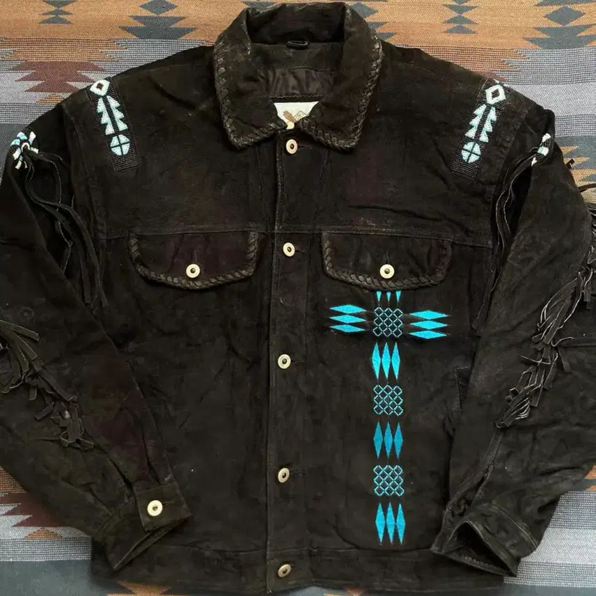 [BUNJANG] Vintage Indian Tassel &amp; Embroidery Black Suede Jacket / 빈티지 인디언 태슬 &amp; 자수 블랙 스웨이드 자켓