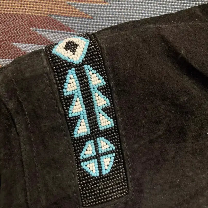 [BUNJANG] Vintage Indian Tassel &amp; Embroidery Black Suede Jacket / 빈티지 인디언 태슬 &amp; 자수 블랙 스웨이드 자켓