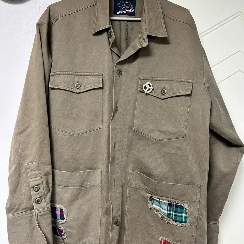 [BUNJANG] Paul &amp; Shark Damage Patchwork Work Shirt / 폴앤샥 데미지 패치 워크셔츠 카키