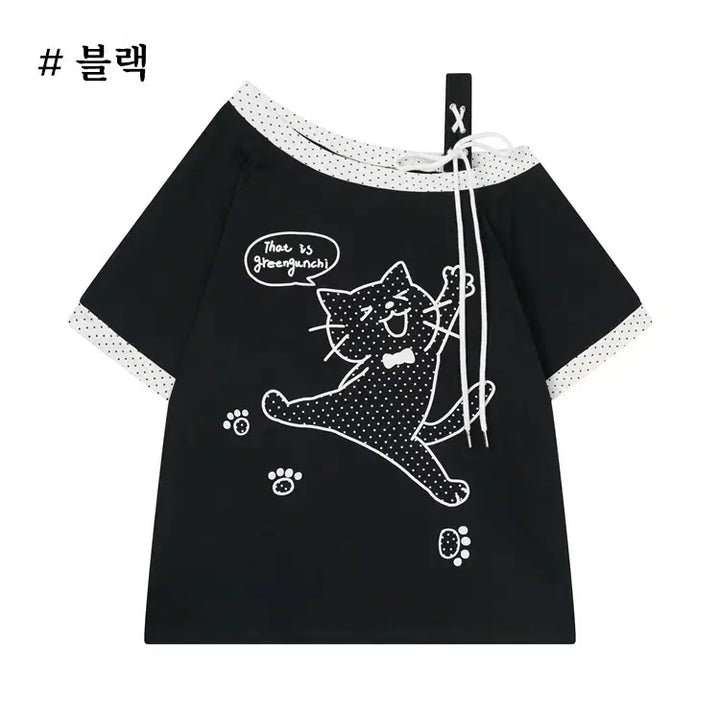 [BUNJANG] Languedoc Park Jump Cat Print Off-shoulder T-shirt / 랭귀드 파크 점프 고양이 프린트 오프숄더 반팔 티셔츠
