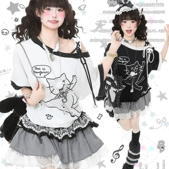 [BUNJANG] Languedoc Park Jump Cat Print Off-shoulder T-shirt / 랭귀드 파크 점프 고양이 프린트 오프숄더 반팔 티셔츠