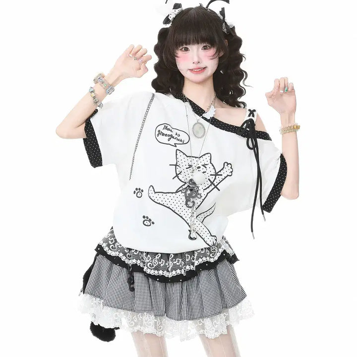 [BUNJANG] Languedoc Park Jump Cat Print Off-shoulder T-shirt / 랭귀드 파크 점프 고양이 프린트 오프숄더 반팔 티셔츠