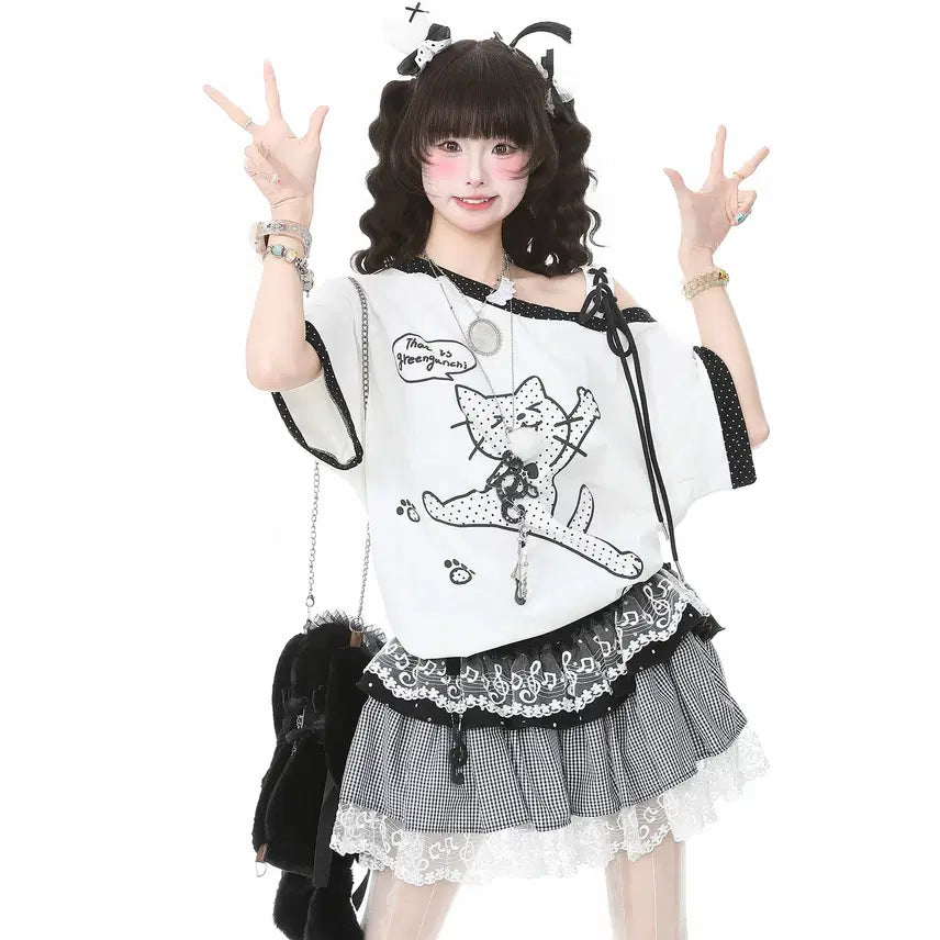 [BUNJANG] Languedoc Park Jump Cat Print Off-shoulder T-shirt / 랭귀드 파크 점프 고양이 프린트 오프숄더 반팔 티셔츠