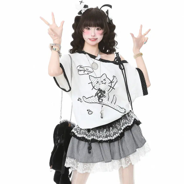[BUNJANG] Languedoc Park Jump Cat Print Off-shoulder T-shirt / 랭귀드 파크 점프 고양이 프린트 오프숄더 반팔 티셔츠