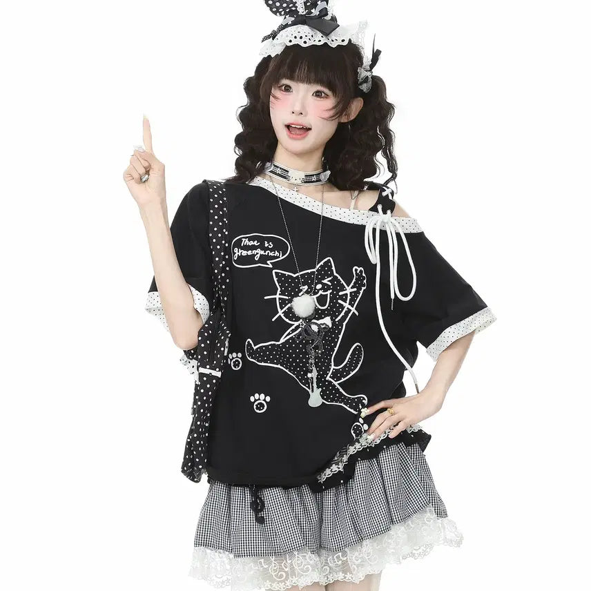 [BUNJANG] Languedoc Park Jump Cat Print Off-shoulder T-shirt / 랭귀드 파크 점프 고양이 프린트 오프숄더 반팔 티셔츠