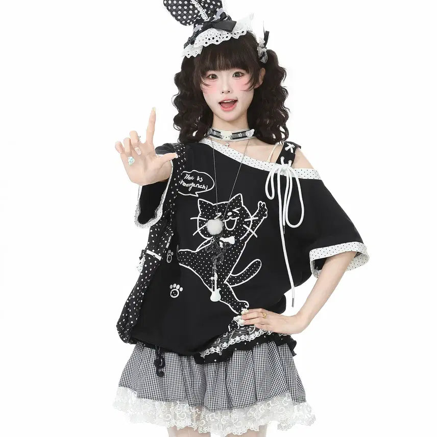 [BUNJANG] Languedoc Park Jump Cat Print Off-shoulder T-shirt / 랭귀드 파크 점프 고양이 프린트 오프숄더 반팔 티셔츠