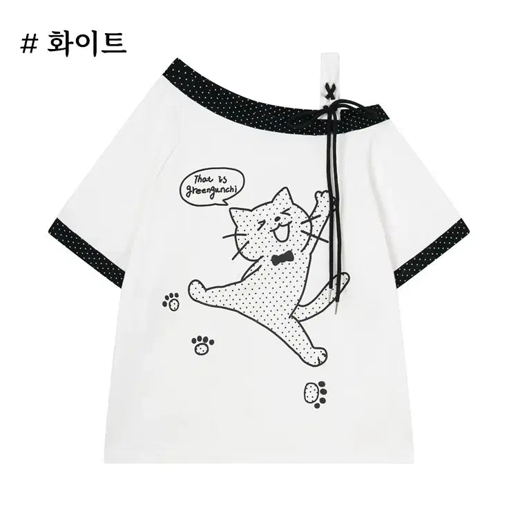 [BUNJANG] Languedoc Park Jump Cat Print Off-shoulder T-shirt / 랭귀드 파크 점프 고양이 프린트 오프숄더 반팔 티셔츠
