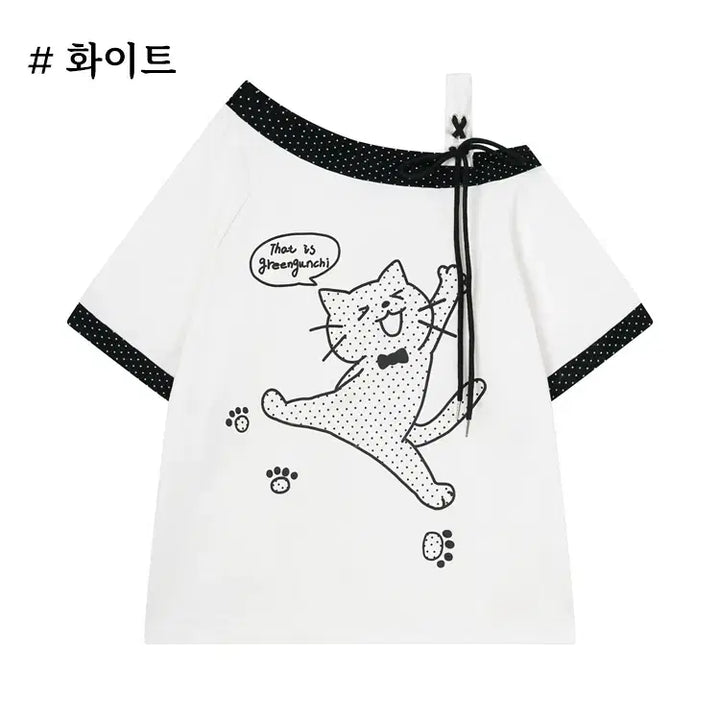 [BUNJANG] Languedoc Park Jump Cat Print Off-shoulder T-shirt / 랭귀드 파크 점프 고양이 프린트 오프숄더 반팔 티셔츠