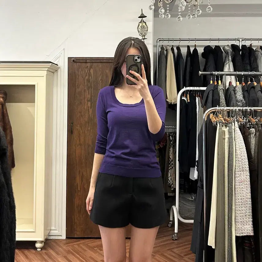 [BUNJANG] Theory Purple U-Neck Knit Sweater / 띠어리 정품 퍼플 유넥니트