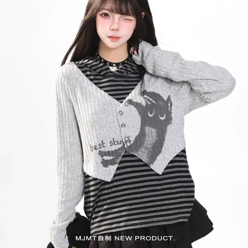 [BUNJANG] MJMT Cat Print Striped Hoodie / MJMT 고양이 프린트 스트라이프 후드 티셔츠