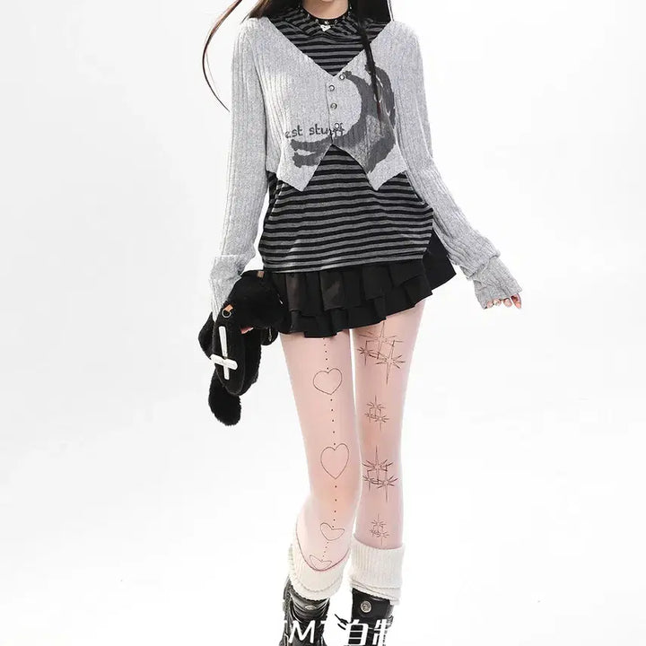 [BUNJANG] MJMT Cat Print Striped Hoodie / MJMT 고양이 프린트 스트라이프 후드 티셔츠