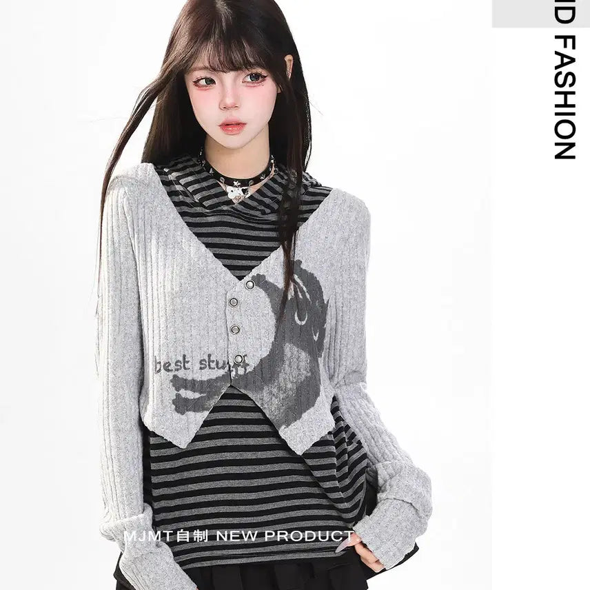[BUNJANG] MJMT Cat Print Striped Hoodie / MJMT 고양이 프린트 스트라이프 후드 티셔츠